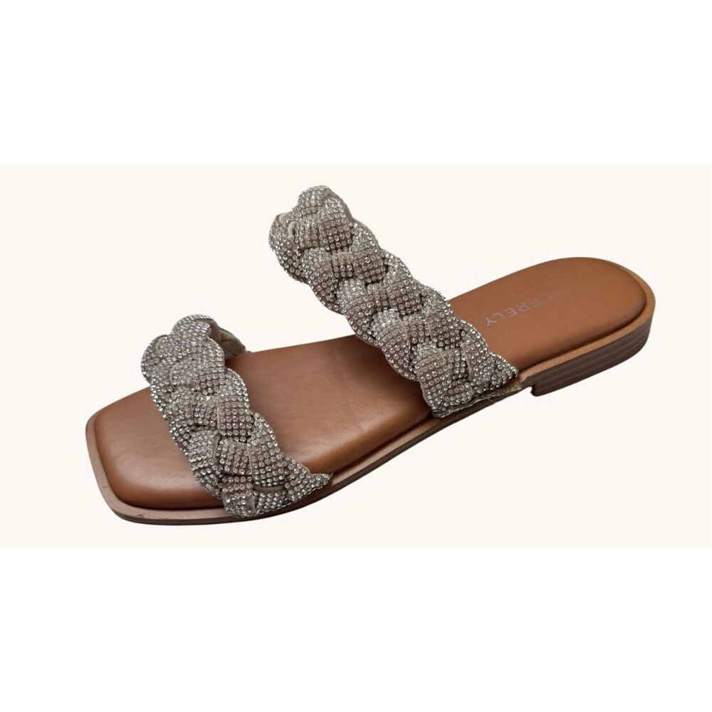 Sincerely Jules Shine Rhinestone Braided Slide Sandals Square Toe Tan Size 7M